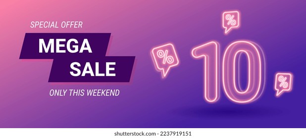 sale neon banner, 10 percent off, vector illustration