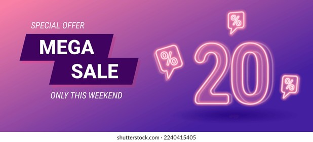 sale neon banner, 20 percent off, vector illustration