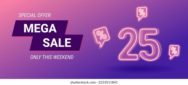 sale neon banner, 25 percent off, vector illustration