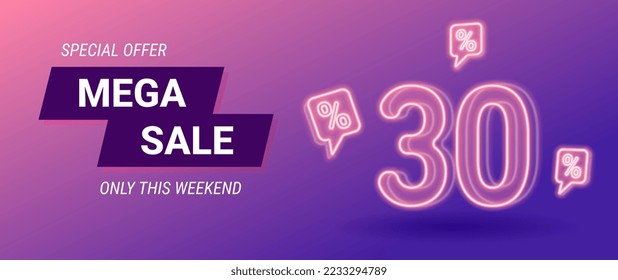 sale neon banner, 30 percent off, vector illustration