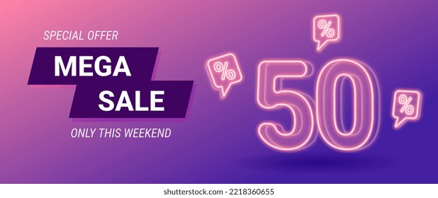 sale neon banner, 50 percent off, vector illustration