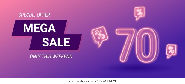 sale neon banner, 70 percent off, vector illustration