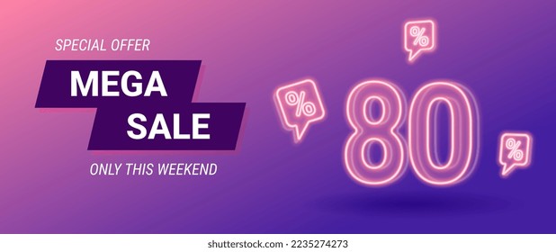 sale neon banner, 80 percent off, vector illustration