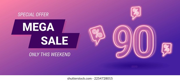 sale neon banner, 90 percent off, vector illustration