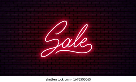 Sale neon hand drawn lettering. Ready glowing signboard design. Vector neon text isolated on brick wall background.