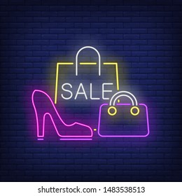 Sale neon lettering, shopping bag and woman heeled shoe. Retail, marketing, sale design. Night bright neon sign, colorful billboard, light banner. Vector illustration in neon style.