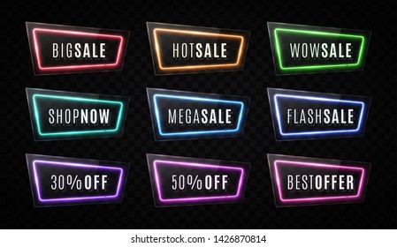 Sale neon light banners set on black background. Discount led lamp shining electric frame. Colorful rectangle sign. Button design for internet web game. Retro signboard. Bright vector illustration.