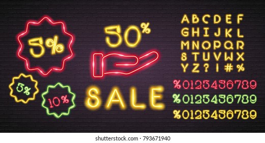 Sale Neon Light Glowing Hanger Symbol Discount. Alphabet Set Neon Bright Light