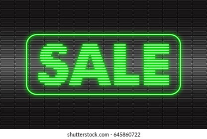 SALE neon line striped sign, discount bright signboard, light banner on stylish brick wall.