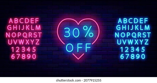 Sale neon logo. Happy Valentines Day with alphabet. Outer glowing effect banner. Romantic holiday concept on brick wall. Luminous label. Editable stroke. Isolated vector stock illustration