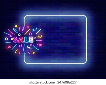 Sale neon promotion. Special offer poster. Shiny greeting card. Empty white frame and typography with firework. Big shopping banner. Copy space. Editing text. Vector stock illustration