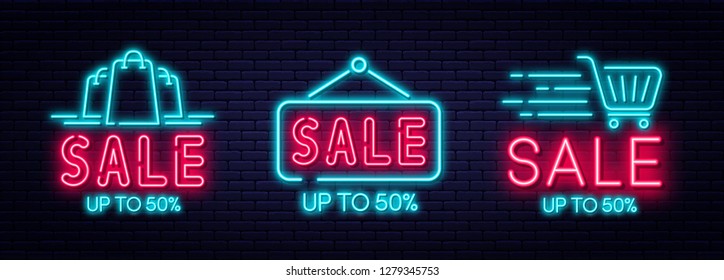 Sale neon sign, sale and discount concept. Set of glowing neon signs for e-commerce, advertisement, banner, billboard. Shopping cart, bags and signboard. Vector