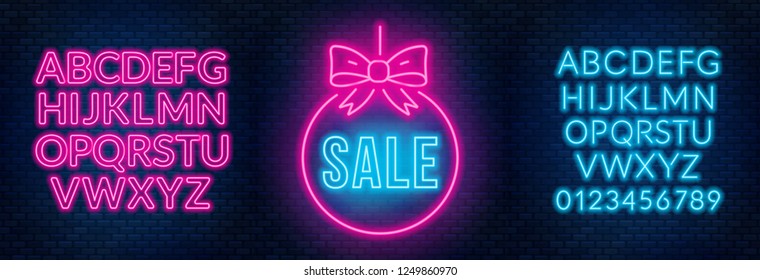 Sale neon sign and fonts on a dark background. Template discounts and offers.