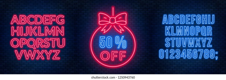 Sale neon sign and fonts on a dark background. Template discounts and offers.