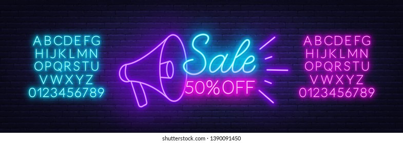 Sale Neon Sign With Megaphone. Offer A Discount. Template With Fonts.