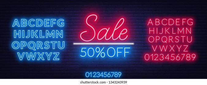 Sale neon sign. Offer a discount. Template with fonts.