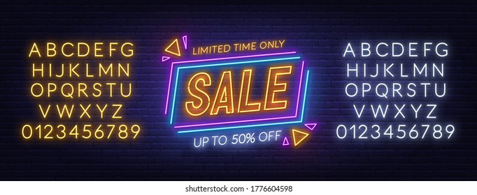 Sale neon sign on brick wall background . Special Offer banner. Neon alphabet on brick wall background. Template for design.