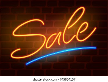 Sale neon sign on dark brick wall background. Hand drawn lettering. Vector illustration