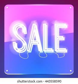 Sale. Neon signboard. Glowing sign on transparent glass board. Illustration for your business.