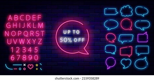 Sale neon signboard. Special offer concep. Speech bubbles collection and shiny pink alphabet. Marketing promotion. Glowing effect banner. Editable stroke. Vector stock illustration