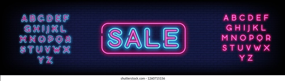  Sale neon text vector design template.  light banner design element colorful modern design trend  night advertising  bright sign. Vector. Editing text neon sign