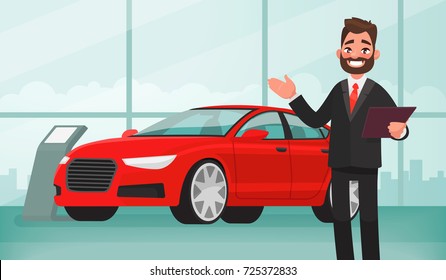 Sale of a new car. The seller at the car showroom shows the vehicle. Vector illustration in cartoon style