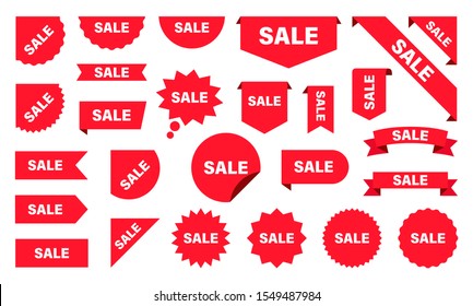 Sale and New Label collection set. Sale tags. Discount red ribbons, banners and icons. Shopping Tags. Sale icons. Red isolated on white background, vector illustration.