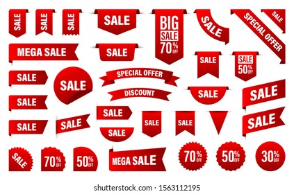 Sale and New Label collection set. Sale tags 30, 50, 70. Discount red ribbons, banners and icons. Shopping Tags. Sale icons. Red isolated on white background, vector illustration.