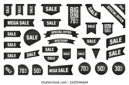 Sale and New Label collection set. Sale tags 30, 50, 70. Discount red ribbons, banners and icons. Shopping Tags. Sale icons. Black isolated on white background, vector illustration.