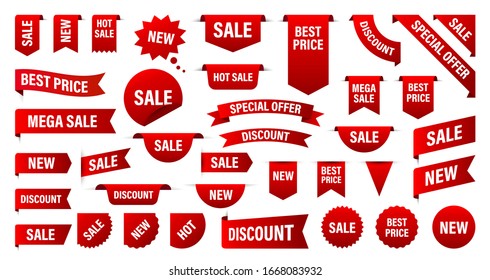 Sale and New Label collection set. Sale tags 30, 50, 70. Discount red ribbons, banners and icons. Special offer. Shopping Tags. Sale icons. Red isolated on white background, vector illustration.