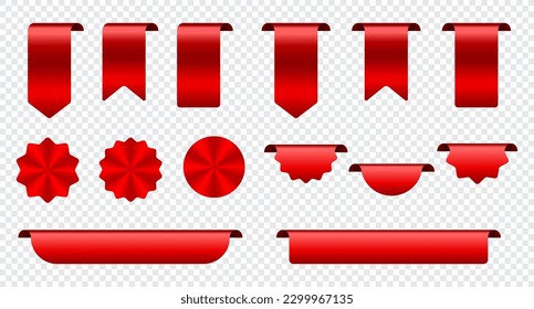 Sale and new label collection set. Red ribbons banner. Glossy silky ribbon. Set of ribbon. Shopping tags. Sale icons. Vector illustration