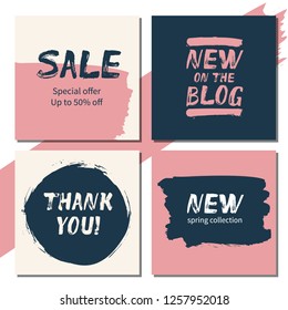 Sale, New on the blog, Thank you, New – set of square banners for social media marketing. Artistic style with brushstrokes. Colors: navy, pink, coral, dark blue, salmon. Vector illustration.