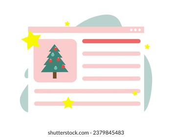 Sale of New Year's gifts and goods. A cartoon browser page with a description of the Christmas tree. Vector illustration isolated on white background