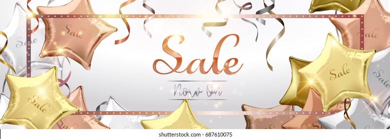 Sale now on background with silver, rose gold (bronze) and gold star shaped balloons. Vector illustration.Wallpaper.flyers, invitation, posters, brochure, banners
