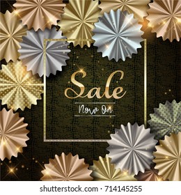 Sale Now On background with silver, rose gold (bronze) and gold flower shaped decorations. Vector illustration.Wallpaper.flyers, invitation, posters, brochure, banners
