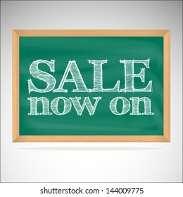 Sale now on - the inscription chalk on the green chalkboard in a wooden frame