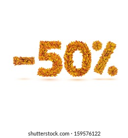 Sale number of autumn fall bright orange leaves. Vector marketing concept 