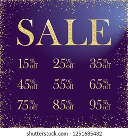 Sale numbers logotypes. Collection shining glitter gold coloured signs. Market discounts up to ninety five % percent off on square dark ultra violet background. Abstract digits graphic design template