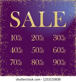 Sale numbers logotypes. Collection shining glitter gold coloured signs. Market discounts up to ninety  percent off on square dark ultra violet background. Abstract digits graphic design template