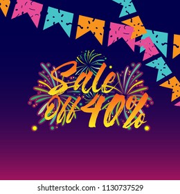 sale off 40%, beautiful greeting card background or banner with fireworks theme. vector