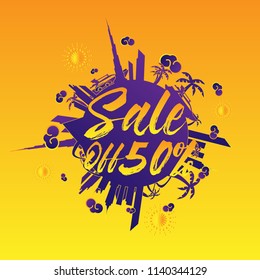 sale off 50%, beautiful greeting card background or banner with city and travel theme. vector