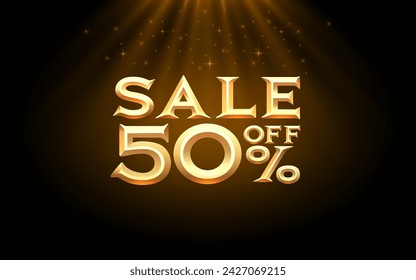 Sale off 50 percent, offer banner. Gold letters on a black background. Vector illustration.