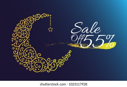 Sale off 55% label with moon and star, ramadan theme