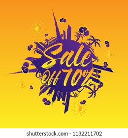 sale off 70%, beautiful greeting card and hand drawn text background or banner with city and travel theme. vector