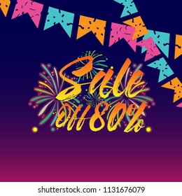 sale off 80%, beautiful greeting card background or banner with fireworks theme. vector