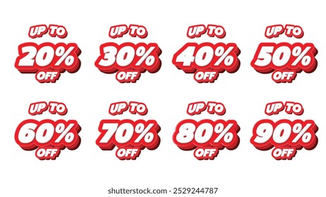 Sale off discount promotion 3d text effect set made of numbers. Vector Illustration of 20% to 90% percent