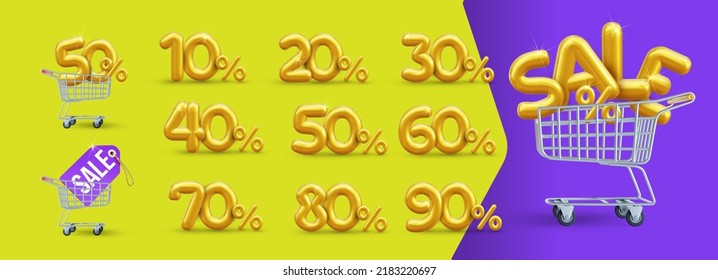 Sale off discount promotion set made of realistic numbers 3d gold helium balloons. Vector balloon golden 50% percent discount collection for your unique selling poster, banner ads. Numbers in the cart