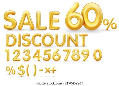 Sale off discount promotion set made of realistic numbers 3d gold helium balloons. Vector Illustration of balloon golden 50% percent discount collection for your minimal selling poster, banner ads.
