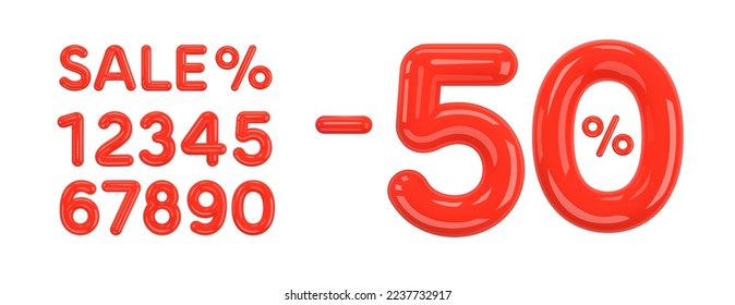 Sale off discount promotion set of realistic 3d numbers made of red shiny plastic. 50% percent discount advertising collection for your selling poster, banner ads. 3d Vector Illustration