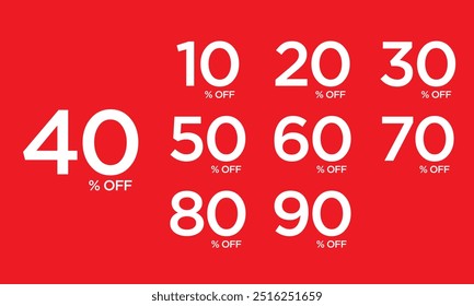 Sale off discount promotion set made of numbers . Vector Illustration of 10% 20% 30% 40% 50% 60% 70% 80% 90% percent , typography mean in english.